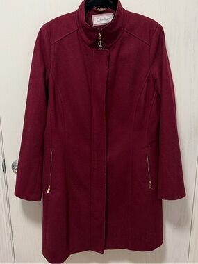 Calvin Klein Women's Wine Red Stand-Collar Wool Blend Trench Coat